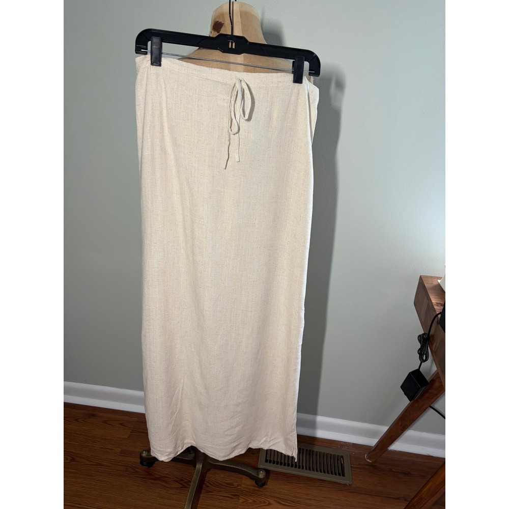 Linen Blend Maxi Skirt Beige Minimalist Boho Preppy Slit XL NEW with tags - Picture 1 of 7